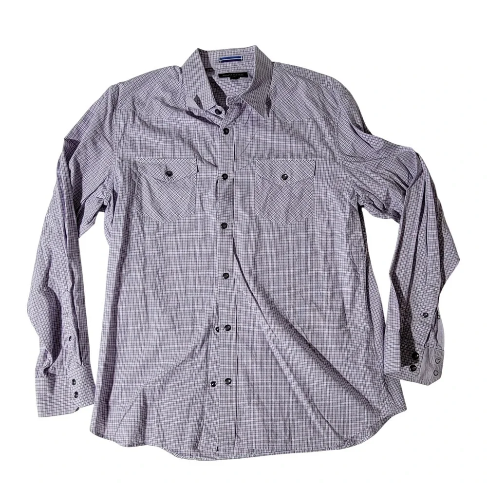 Banana Republic Mens Purple Micro Check Western Snap Button Down Shirt Large